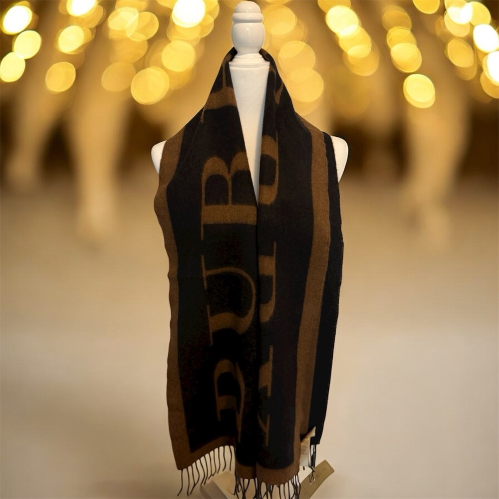 NWT Burberry Logo Cashmere Black and Brown Scarf - Picture 3 of 11